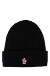 Moncler Grenoble Black Ribbed Beanie With Logo Patch In Wool Man In Black