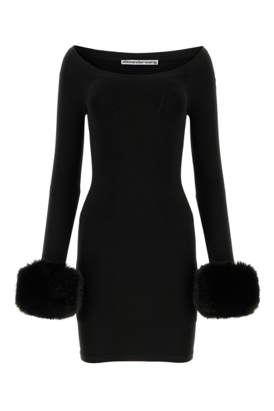 Alexander Wang Off-the-shoulder Faux Fur-trimmed Stretch-jersey Mini Dress In Black
