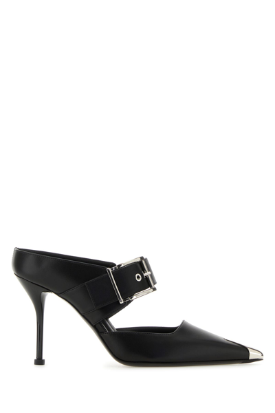 Alexander Mcqueen Metal Toe Boxcar Leather Mules With Buckle 11cm In Black