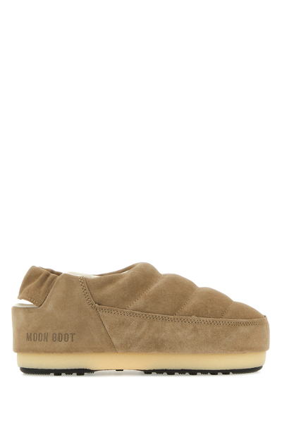 Moon Boot Round-toe Suede Slippers In Beige