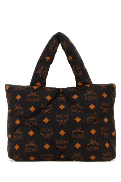 Mcm Nylon Quilted Shopping Bag With Round Handles In Black