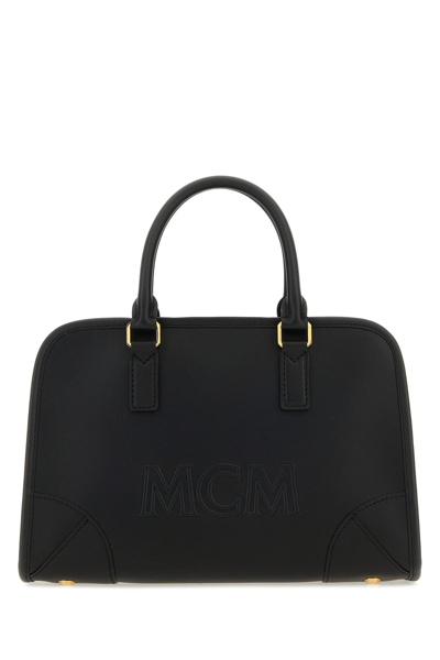 Mcm Medium Leather Boston Bag With Detachable Strap In Black