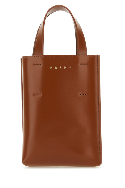 Marni Engraved-logo Leather Tote In Brown