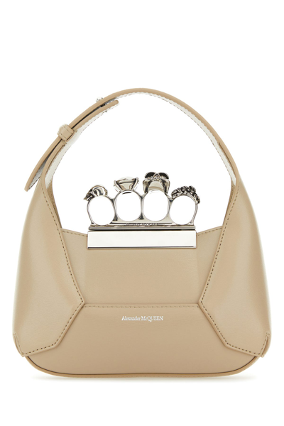 Alexander Mcqueen Mini Jewelled Hobo Leather Bag In Cream