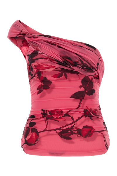 Blumarine Rose Printed Jersey One Shoulder Top In Pink