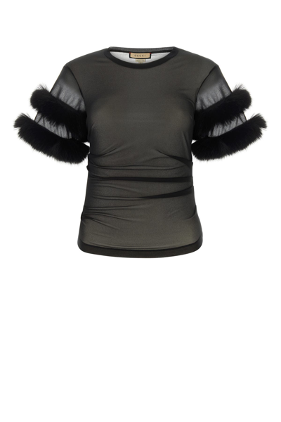 Gucci Sleeved Crewneck With Fur Trim And Ruched Detailing In Black