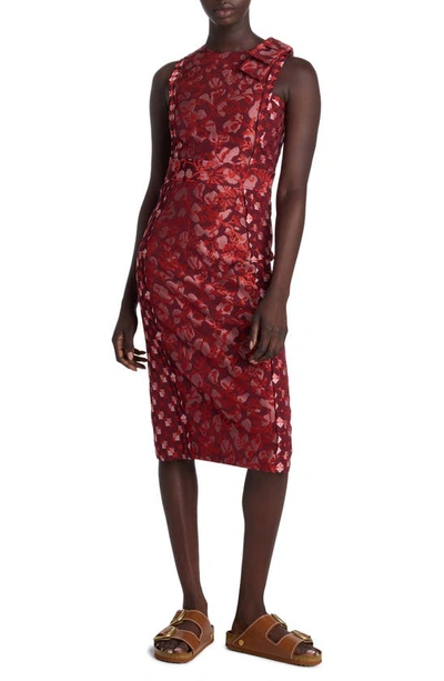 St John Italian Floral Geo Collage Jacquard Bow Sleeveless Dress In Cranberry Multi