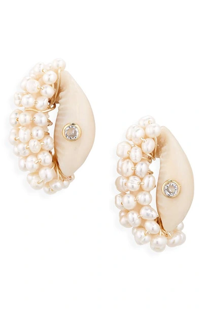 Eliou Congo Genuine Freshwater Pearl & Cowrie Shell Post Earrings In White