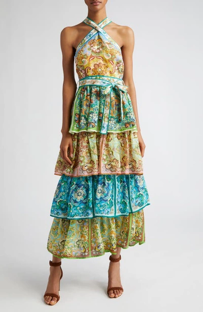 Alemais Dreamer Halter Tiered Cross-back Midi Dress In Green | ModeSens