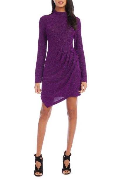 Fifteen Twenty Metallic Pleated Asymmetric Long Sleeve Minidress In Magenta