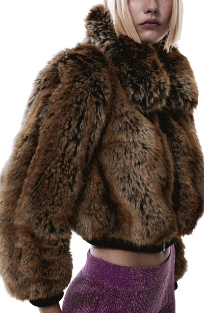 Mango Faux Fur Crop Jacket In Brown