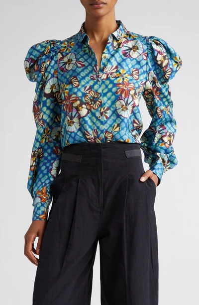 Ulla Johnson Dari Floral Print Puff Shoulder Shirt In Azul