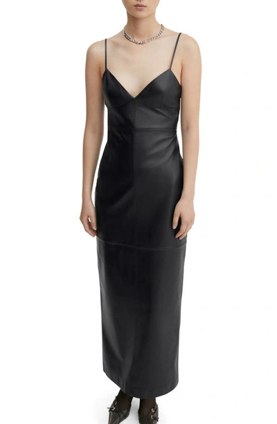 Mango V-neck Leather Sheath Dress In Black