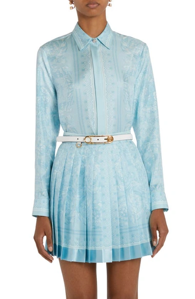 Versace Barocco Print Silk Button-up Shirt In Pale Blue