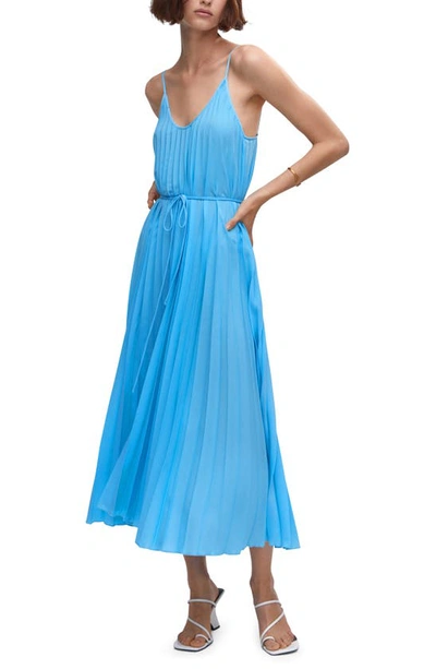 Mango Pleated Slipdress In Sky Blue