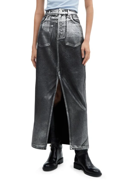 Mango Long Foil Denim Skirt Black