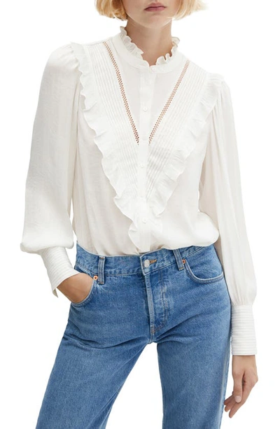 Mango Ruffle Accent Button-up Shirt In Off White