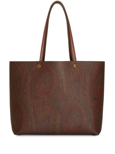 ETRO 'ESSENTIAL' BROWN SHOPPER BAG IN COTTON AND LEATHER WOMAN