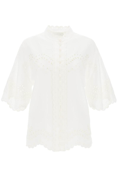Zimmermann Junie Tunic Shirt With Cutwork Embroideries In White