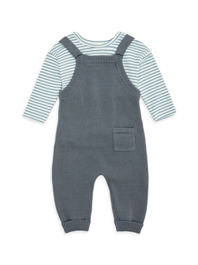 Firsts By Petit Lem Baby Boy's 2-piece Long-sleeve Striped Top & Sweater Knit Overalls Set In Dusty Blue