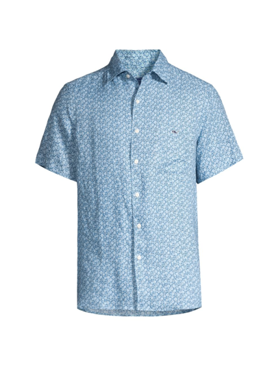 Vineyard Vines Micro Floral Linen Short Sleeve Button-up Shirt In Floral Blue