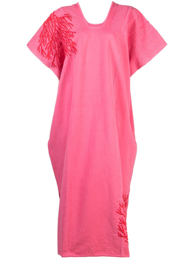 Pippa Holt 668 Coral-embroidered Midi Kaftan In Pink