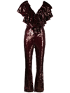 ROTATE BIRGER CHRISTENSEN RED SEQUIN EMBELLISHED RUFFLED JUMPSUIT