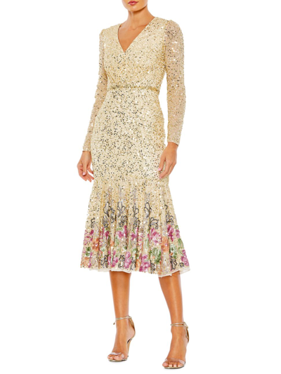 Mac Duggal Long Sleeve Faux Wrap Embellished Tea Length Dress In Gold Multi