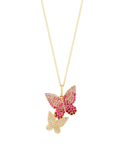 Nina Gilin Women's 14k Yellow Gold, Pink Sapphire & 0.36 Tcw Diamond Butterfly Pendant Necklace