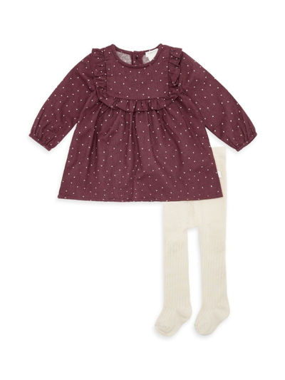 Firsts By Petit Lem Baby Girl's Ruffle-trim Dot Print Dress & Ribbed Tights Set In Dark Plum