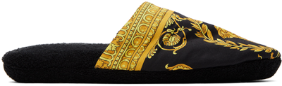 Versace Black & Yellow Baroque Slippers In Z4800 Nero