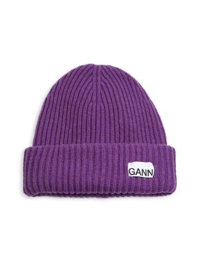 Ganni Women's Rib-knit Wool-blend Beanie In Purple