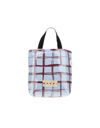 Marni Glossy Coated Canvas Tote Bag With Double Handles And Plaid Pattern In Bleu