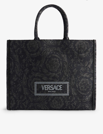 Versace Black  Gold Logo-print Extra-large Woven-blend Tote Bag