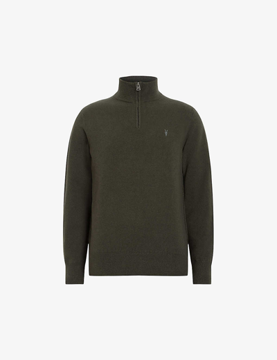 Allsaints Mens Dark Ivy Green Kilburn Zip-up Funnel-neck Wool-blend Jumper