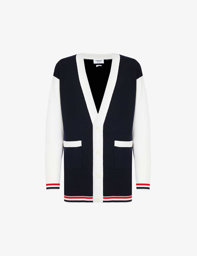Thom Browne Mens Navy Tricolour-trim V-neck Wool-knitted Cardigan