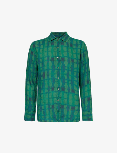 120% Lino Tie-dye Striped Regular-fit Linen Shirt In Bottle Green Printed