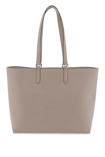 Fendi Roma Leather Shopper Bag In Neutro