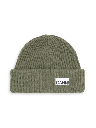 Ganni Women's Wool Blend Logo Beanie In Kalamata