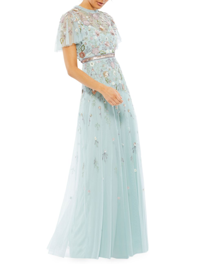 Mac Duggal Embellished High Neck Butterfly Sleeve Gown In Mint Multi