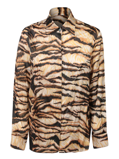 Roberto Cavalli Tiger-print Pussybow Shirt In Brown