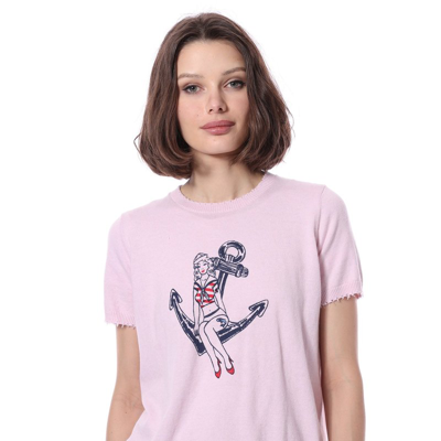 Minnie Rose Cotton Cashmere Short Sleeve Printed Frayed Edge Tee In Pink