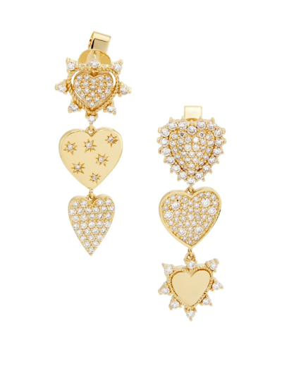 Saks Fifth Avenue Women's 14k Yellow Gold & 1.01 Tcw Diamond Mismatched Triple Heart Drop Earrings
