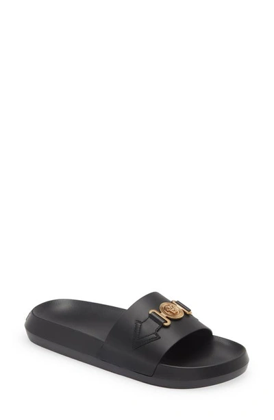 Versace Biggie Medusa Slide Sandal In Black Gold