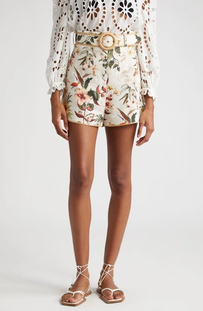 Zimmermann Lexi Belted Linen Shorts In Ivory_palm