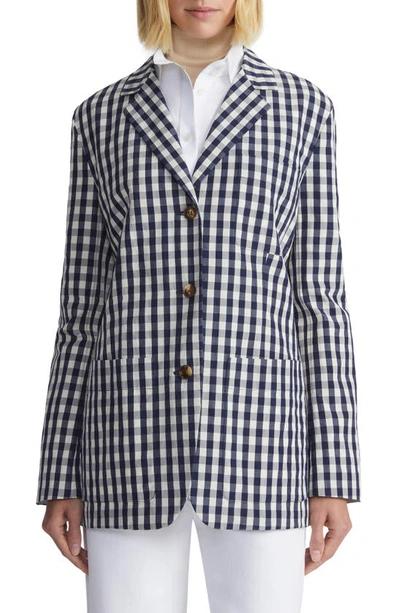 Lafayette 148 Check-print Single-breasted Blazer In Midnight Blue