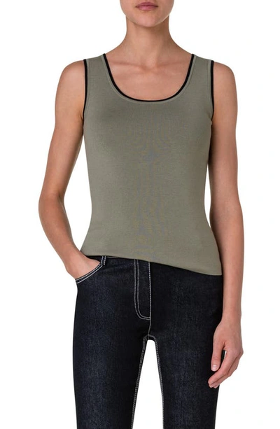 Akris Punto Contrast Piped Scoop-neck Knit Tank Top In Sage-black