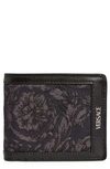 VERSACE FLORAL JACQUARD & LEATHER BIFOLD WALLET