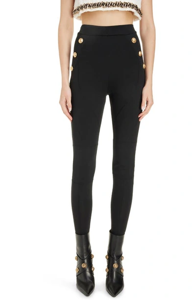 Balmain 6-button Metallic-edge Knit Stirrup Leggings In Black