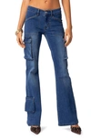Shop Edikted Roslyn Flare Leg Denim Cargo Pants In Blue-washed